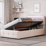 Upholstered Children's Bed with LED Lighting and Hydraulic Storage, Velvet Beige/Grey