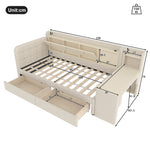 Daybed with Desk and Drawers, USB Ports and Storage, Beige Linen