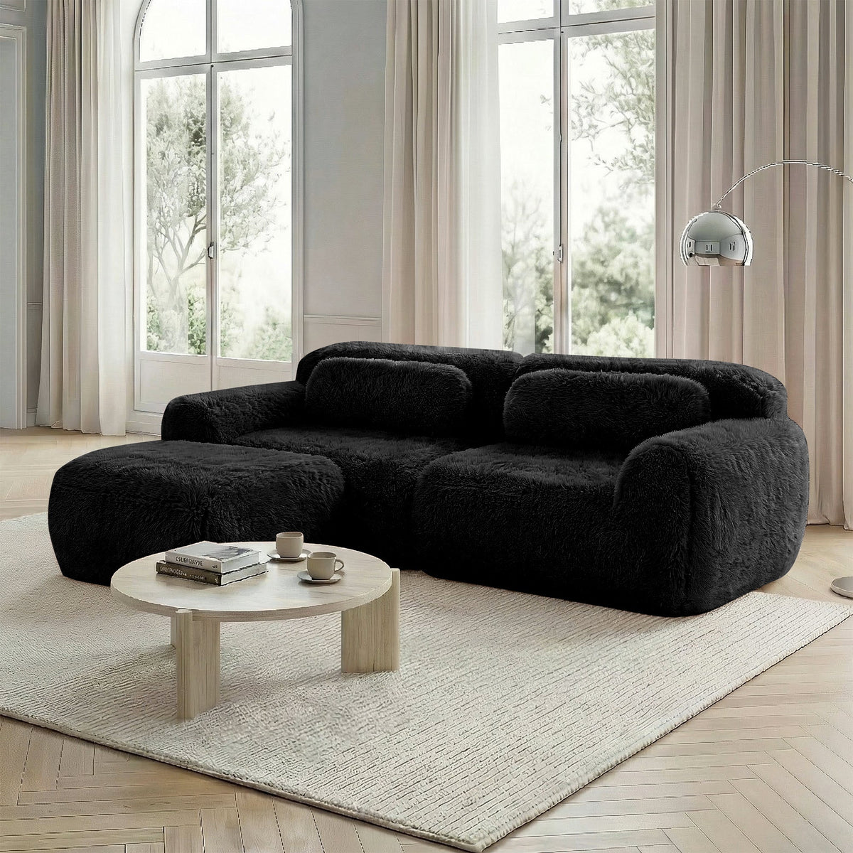 L-shaped 2-seater Sofa Modular Plush Fabric with Cushions - Black