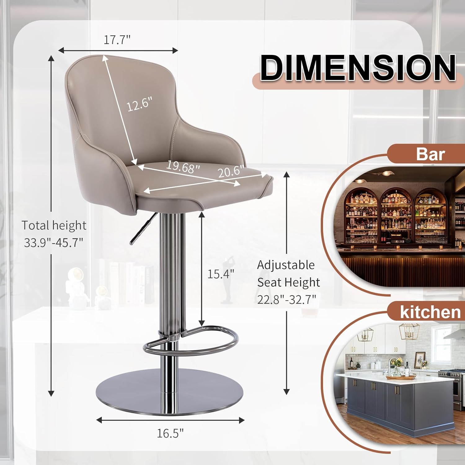 Modern Leather Bar Chair with Backrest, Swivel Adjustable Height for Kitchen and Dining Room, Black Titanium Stainless Steel