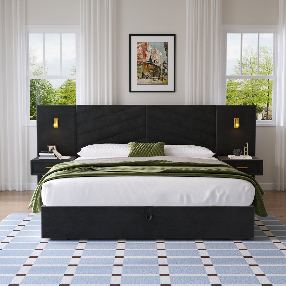Adjustable Bed Frame with Storage Benches & LED Lights, Velvet
