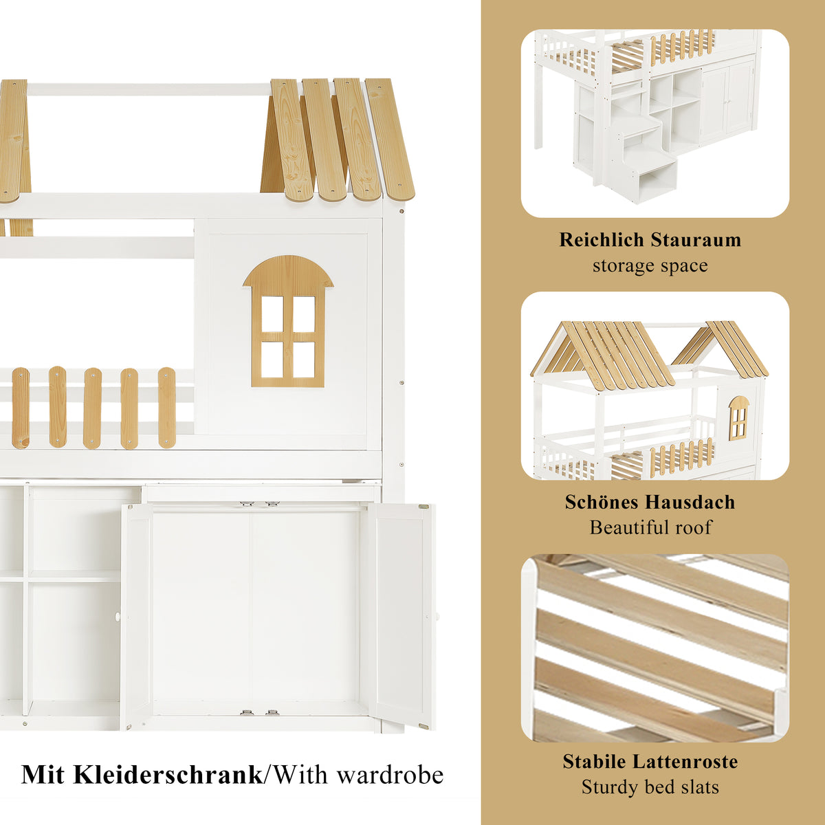 Bunk Bed with Wardrobe & Shoe Rack 90x200cm, White & Natural Pine