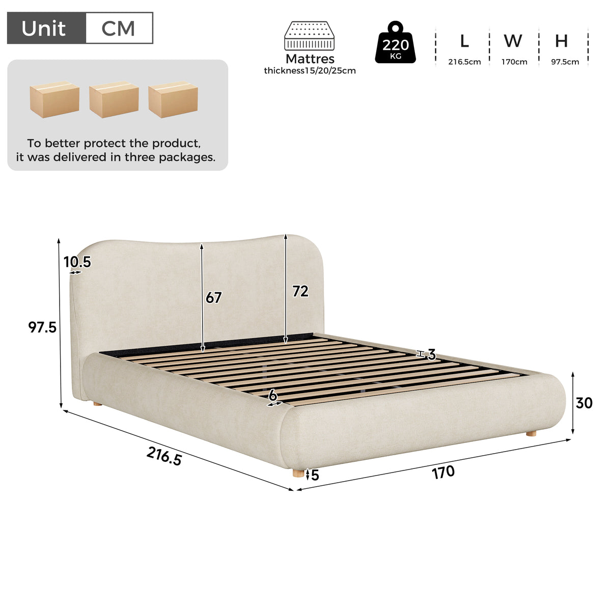 Upholstered Double Bed 160x200cm Hydraulic Storage, Beige Chenille