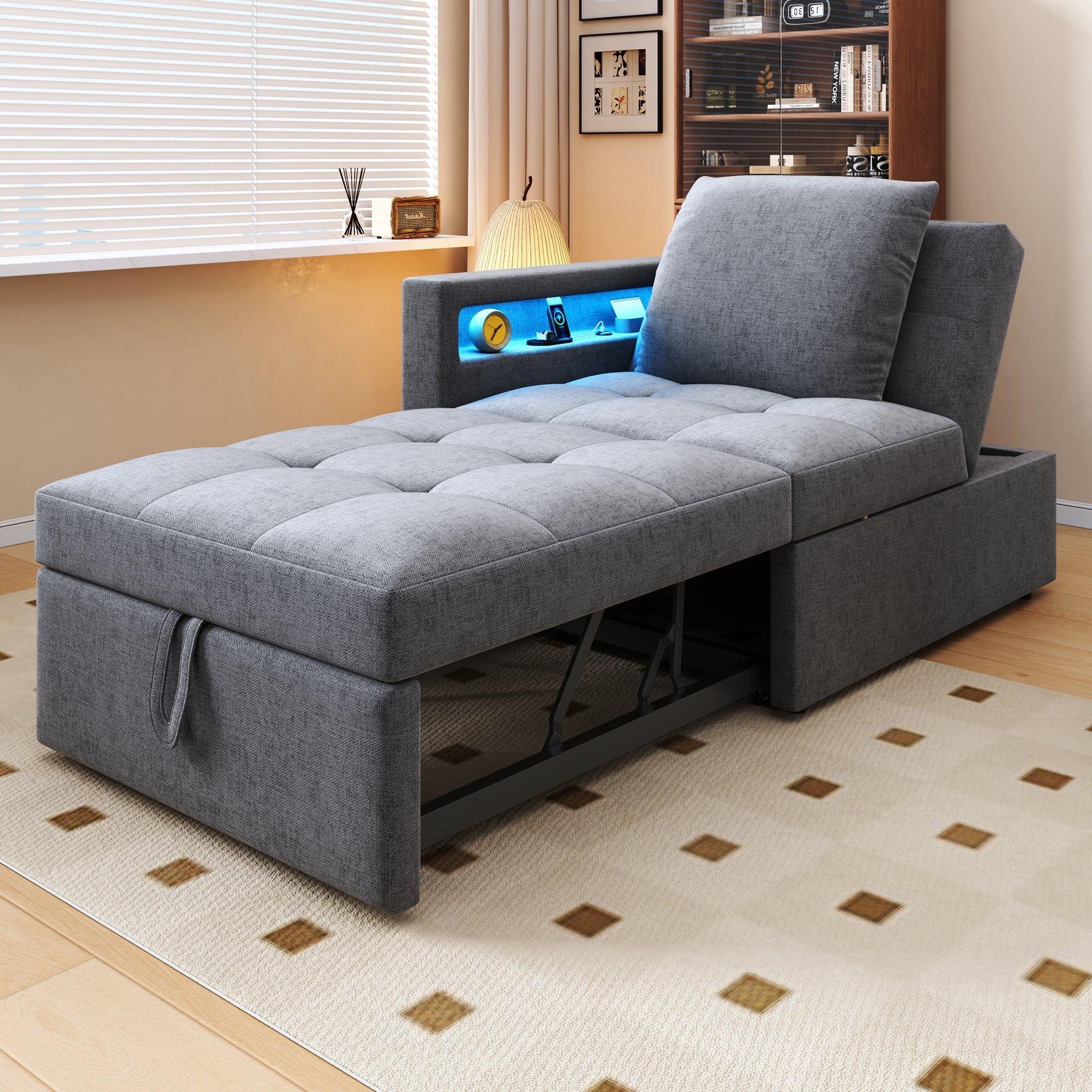 Upholstered Sleeper Sofa 3-in-1 Multifunctional Adjustable LED USB Ports Linen Fabric