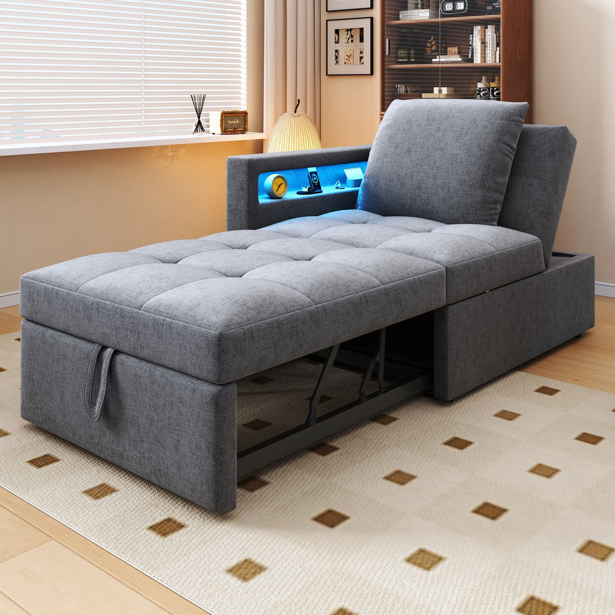 Upholstered Sleeper Sofa 3-in-1 Multifunctional Adjustable LED USB Ports Linen Fabric
