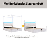 Multifunctional Double Bed with Iron Canopy, LED, USB and 3 Drawers, 140x190cm, White