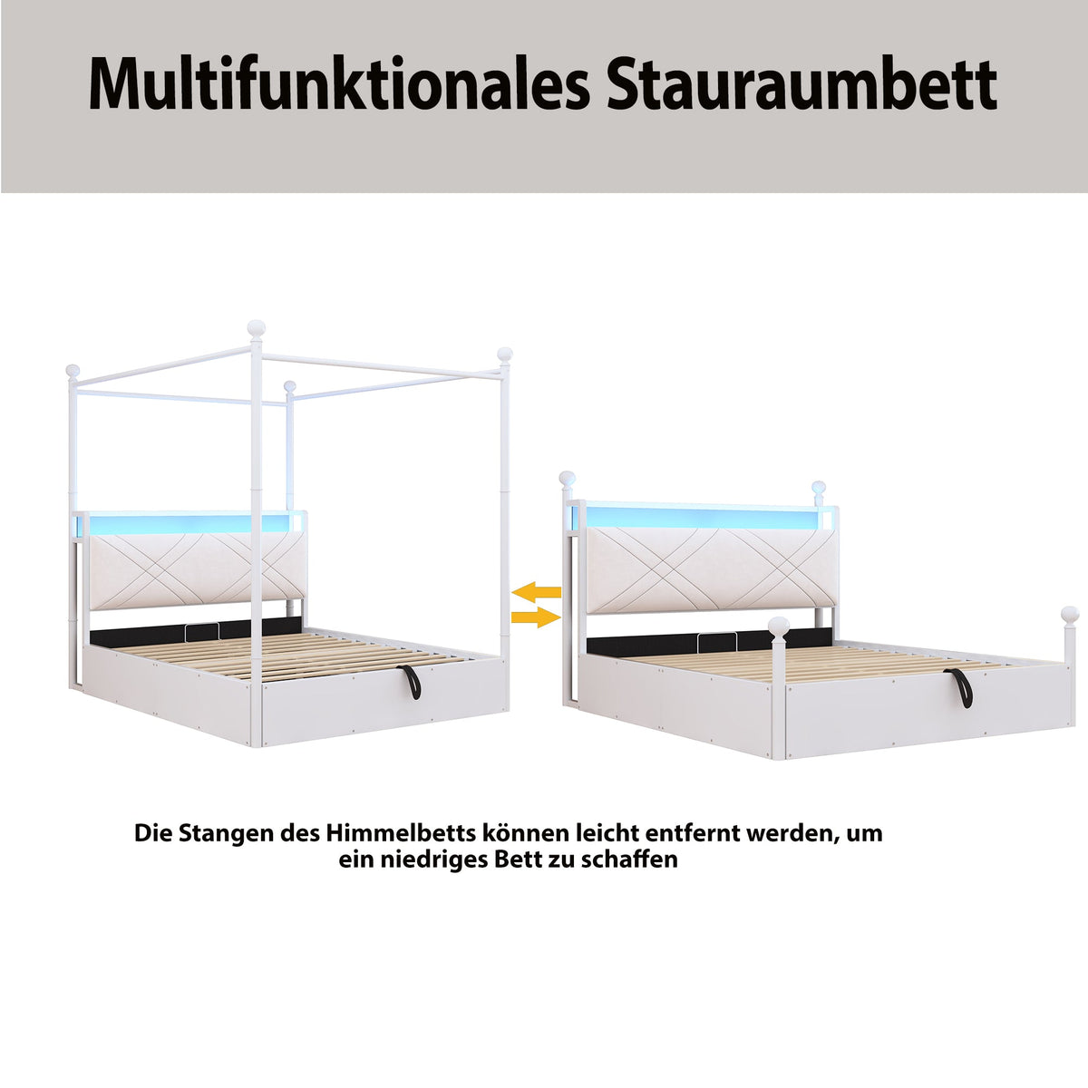 Multifunctional Double Bed with Iron Canopy, LED, USB and 3 Drawers, 140x190cm, White
