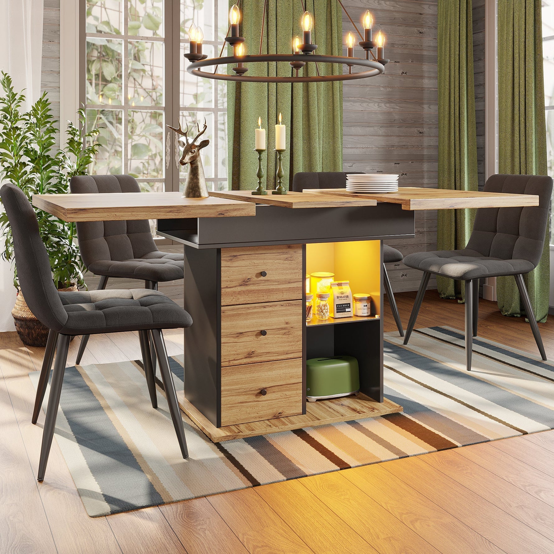 Telescopic Dining Table with Extendable Top and LED Lighting, Black