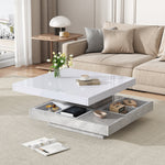 Double Coffee Table, High-Gloss 360° Swivel Top with Storage, White Marble
