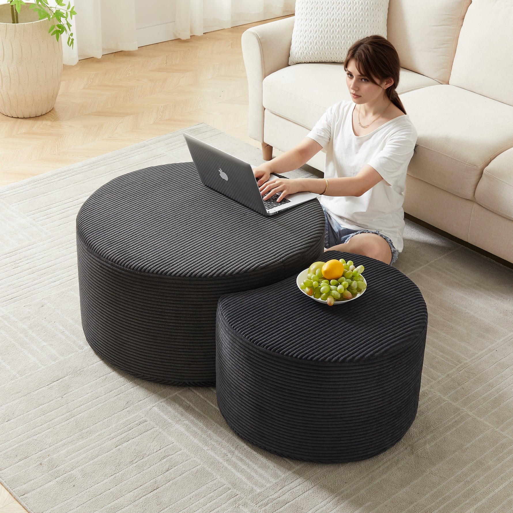 Coffee Table Set, 2-Piece Upholstered Round Foam