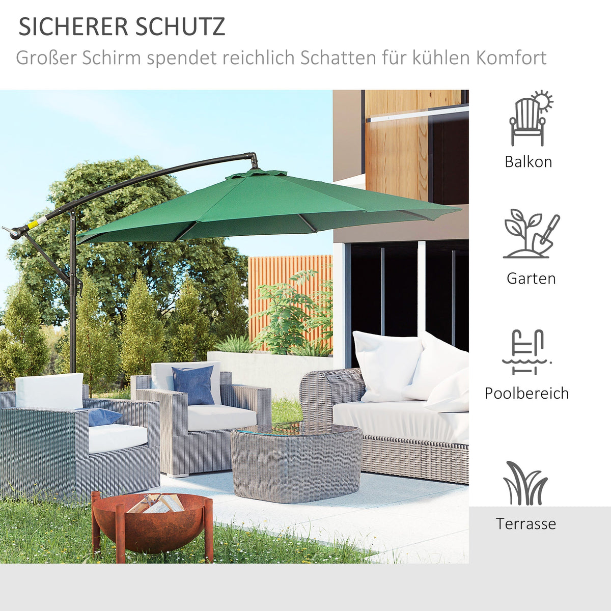 Cantilever Parasol Crank Sunshade Steel Frame Ø2.95x2.45m Green Polyester