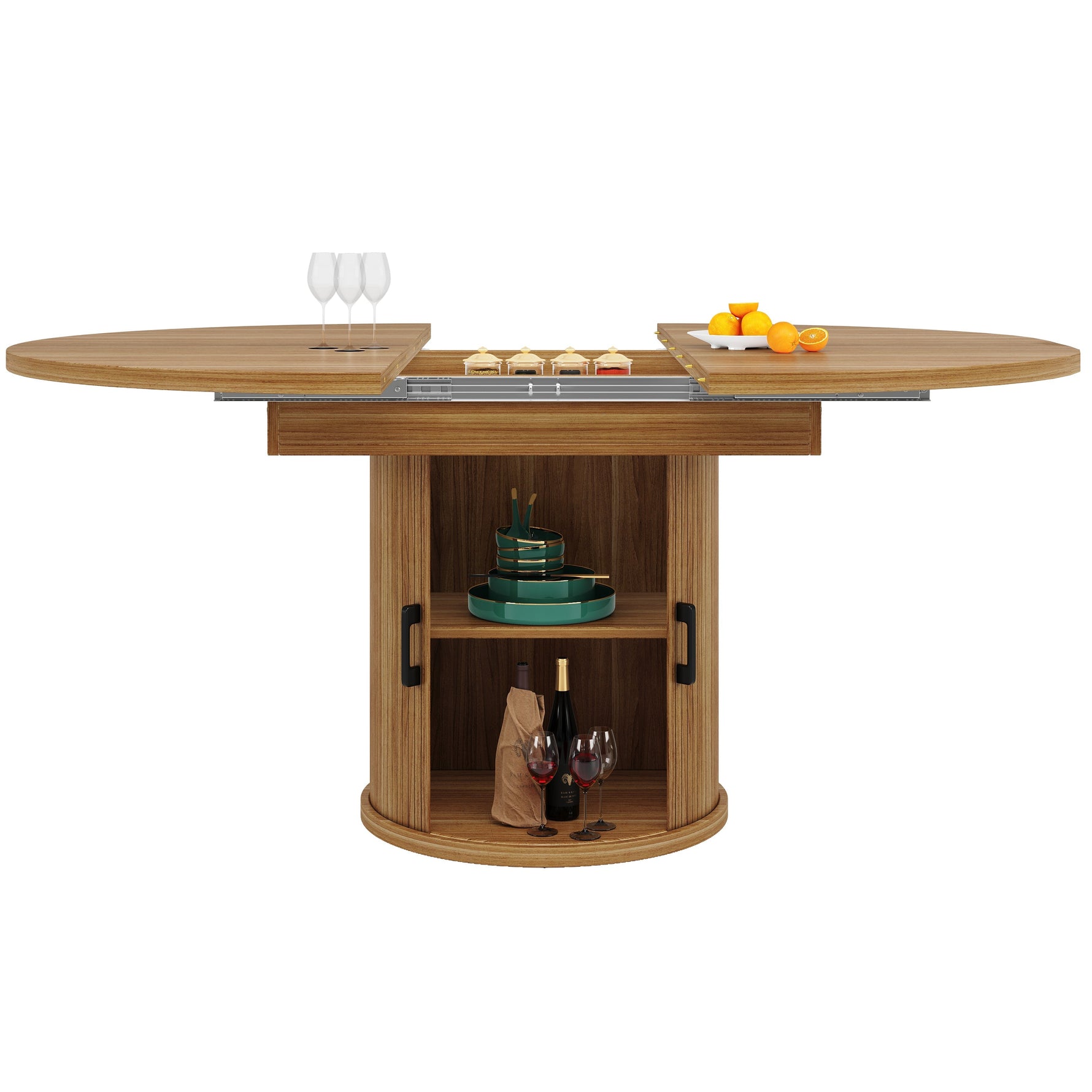 Extendable Round Dining Table, Oval Extension for 6 People, Walnut and Black