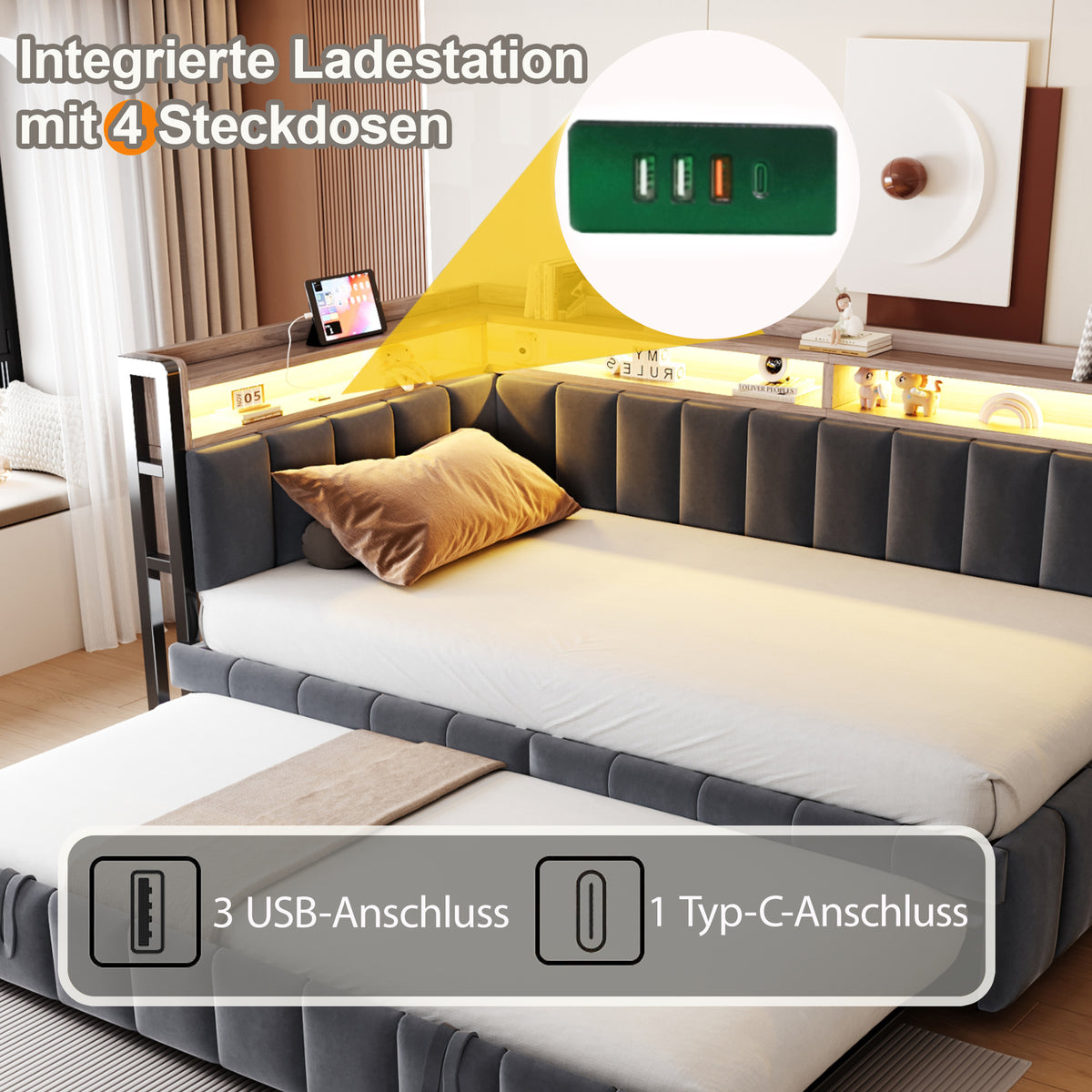 Upholstered Sofa Bed 90x200cm with Trundle & LED, Dark Grey Velvet