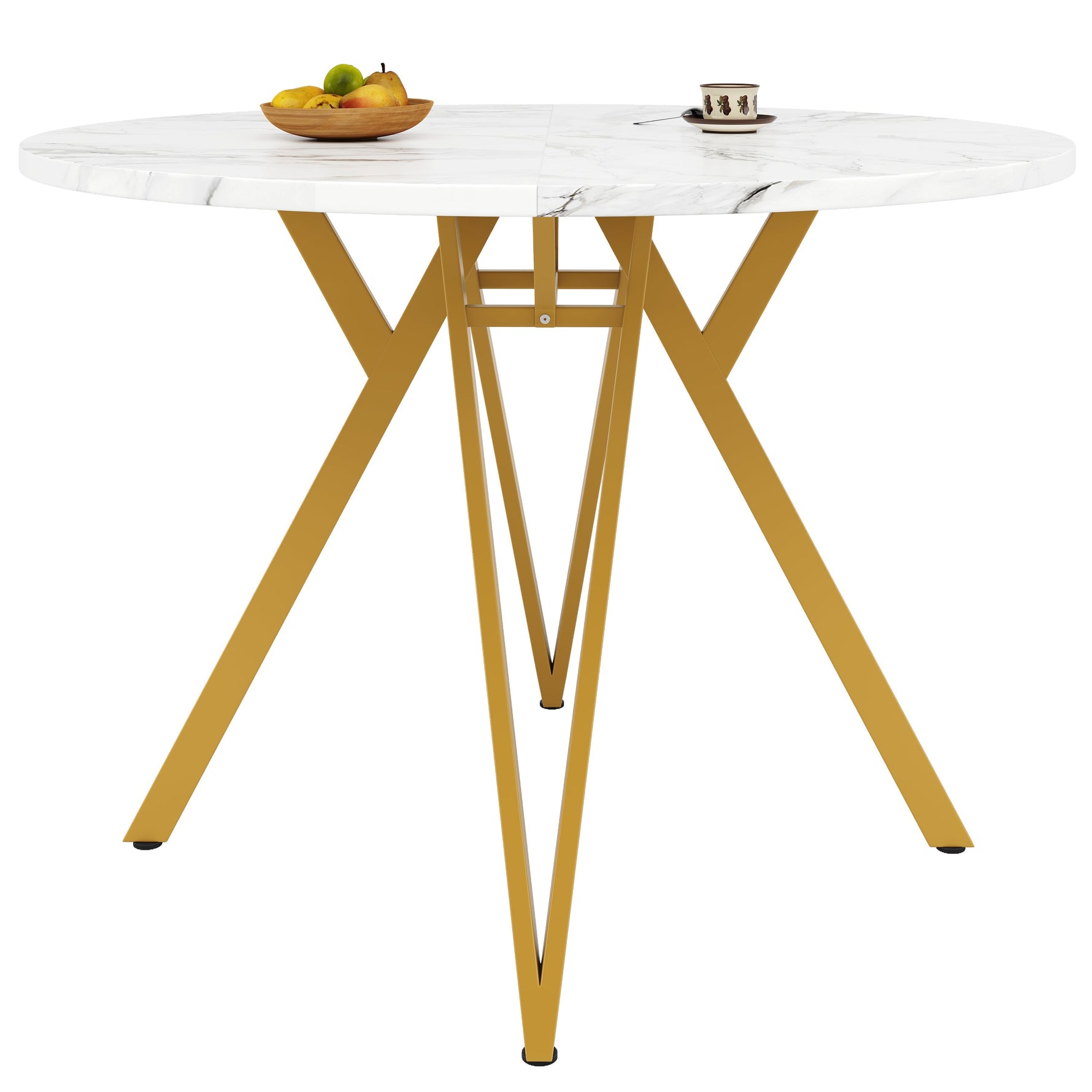 Round Dining Table 100cm 4-Seater Metal Legs MDF Marble Top - Gold