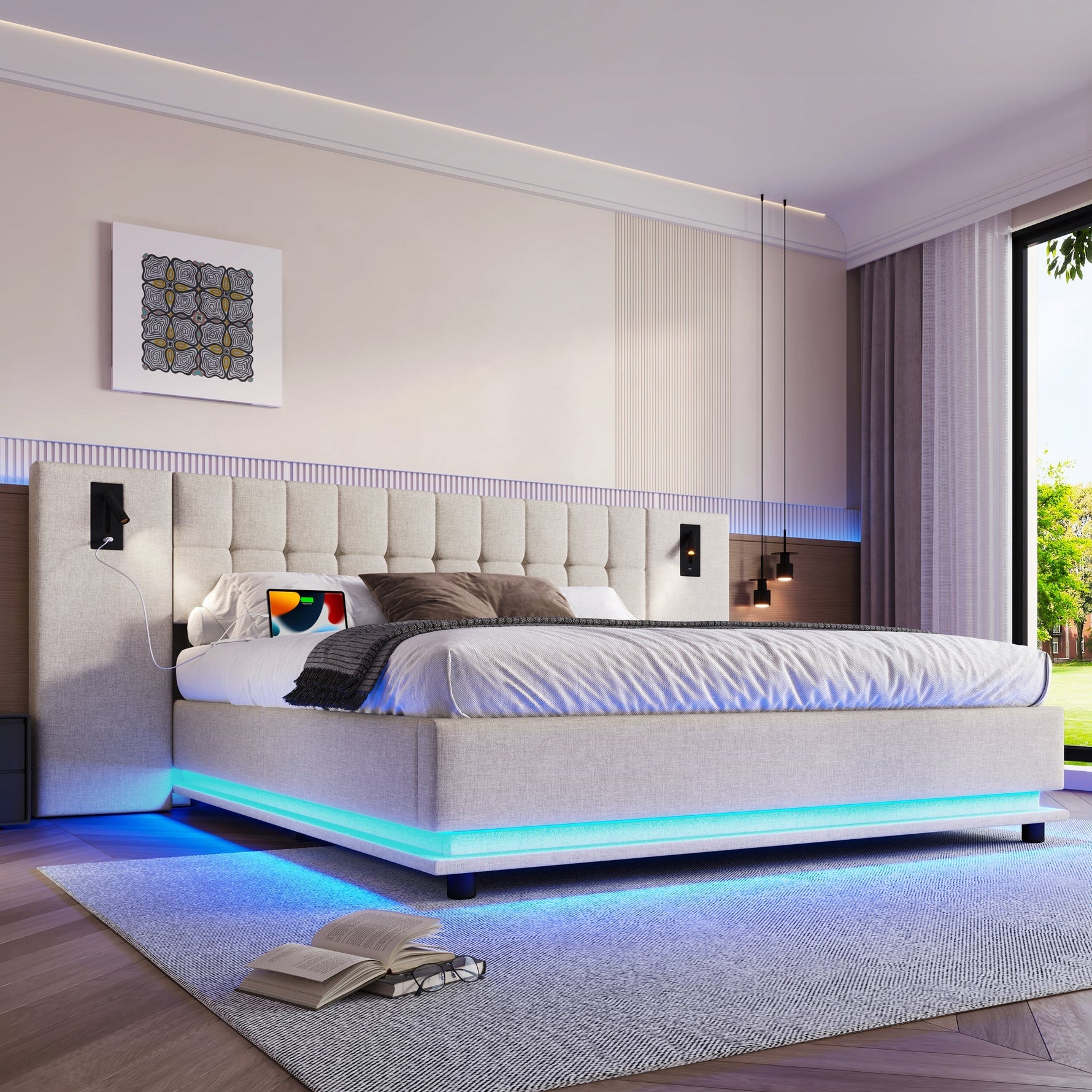 Upholstered Bed 180x200cm LED Headboard Spotlight USB - Linen Beige