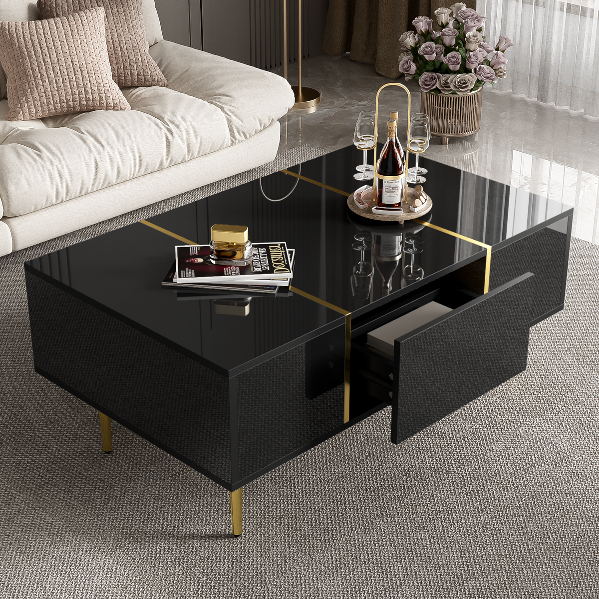 Modern Coffee Table, High Gloss with 2 Drawers, Black