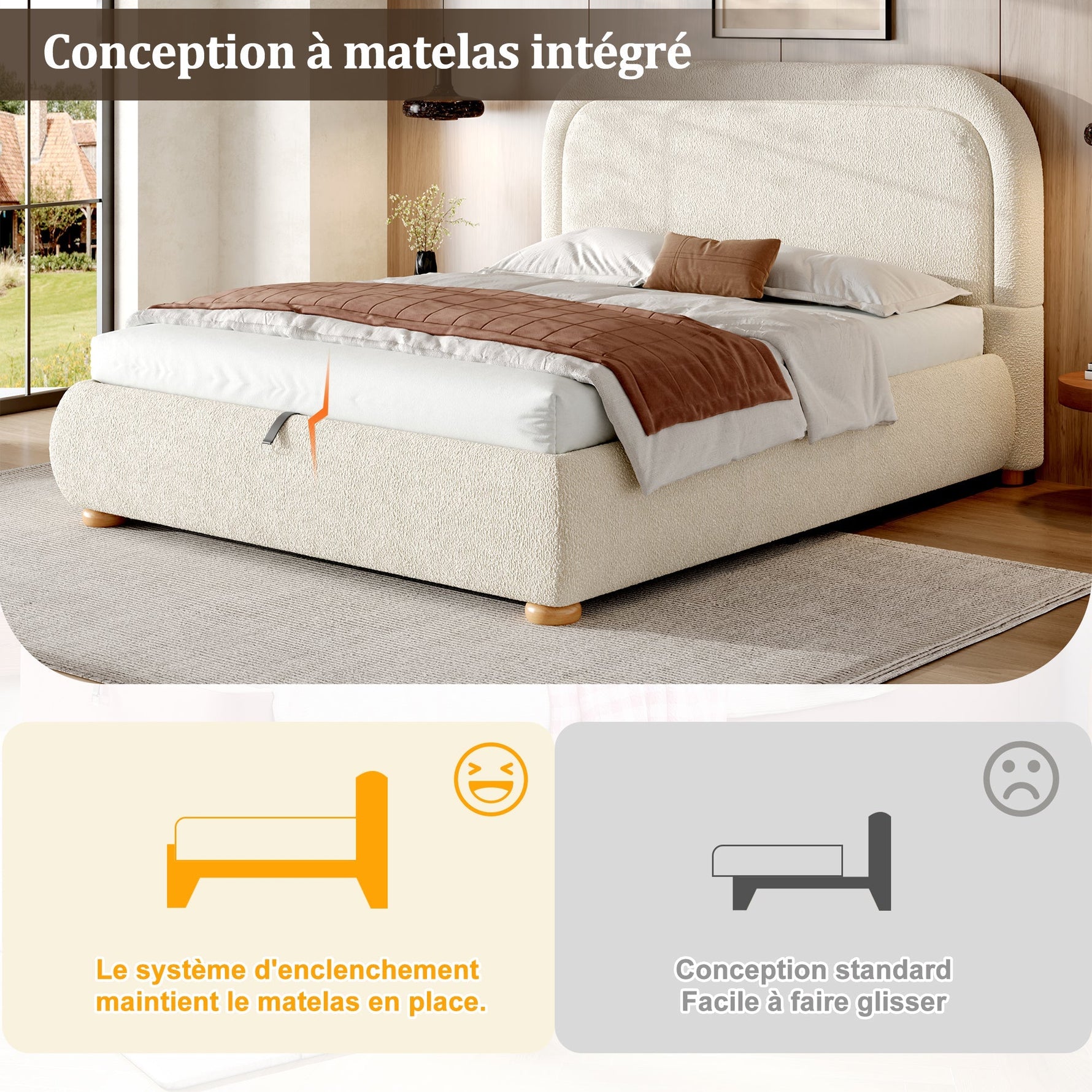 Upholstered Double Bed 140x190cm Hydraulic Storage Slatted Base Beige Bouclé