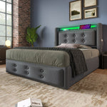 Upholstered Bed, 90x200 Single with LED Headboard, USB-C, Hydraulic Frame, Gray Cotton