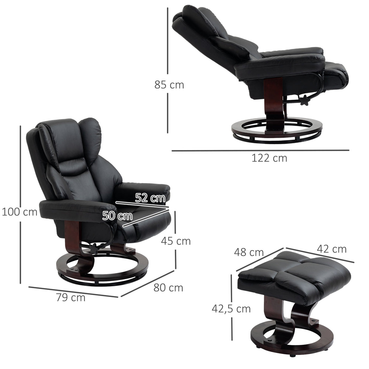 Reclining Armchair with Footstool, Swivel TV Armchair Faux Leather Black