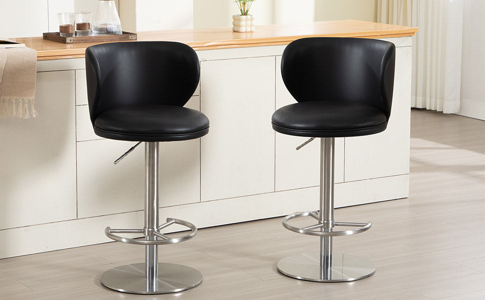 Bar Stools Modern Leather Swivel Adjustable Height Backrest - Black Titanium Stainless Steel