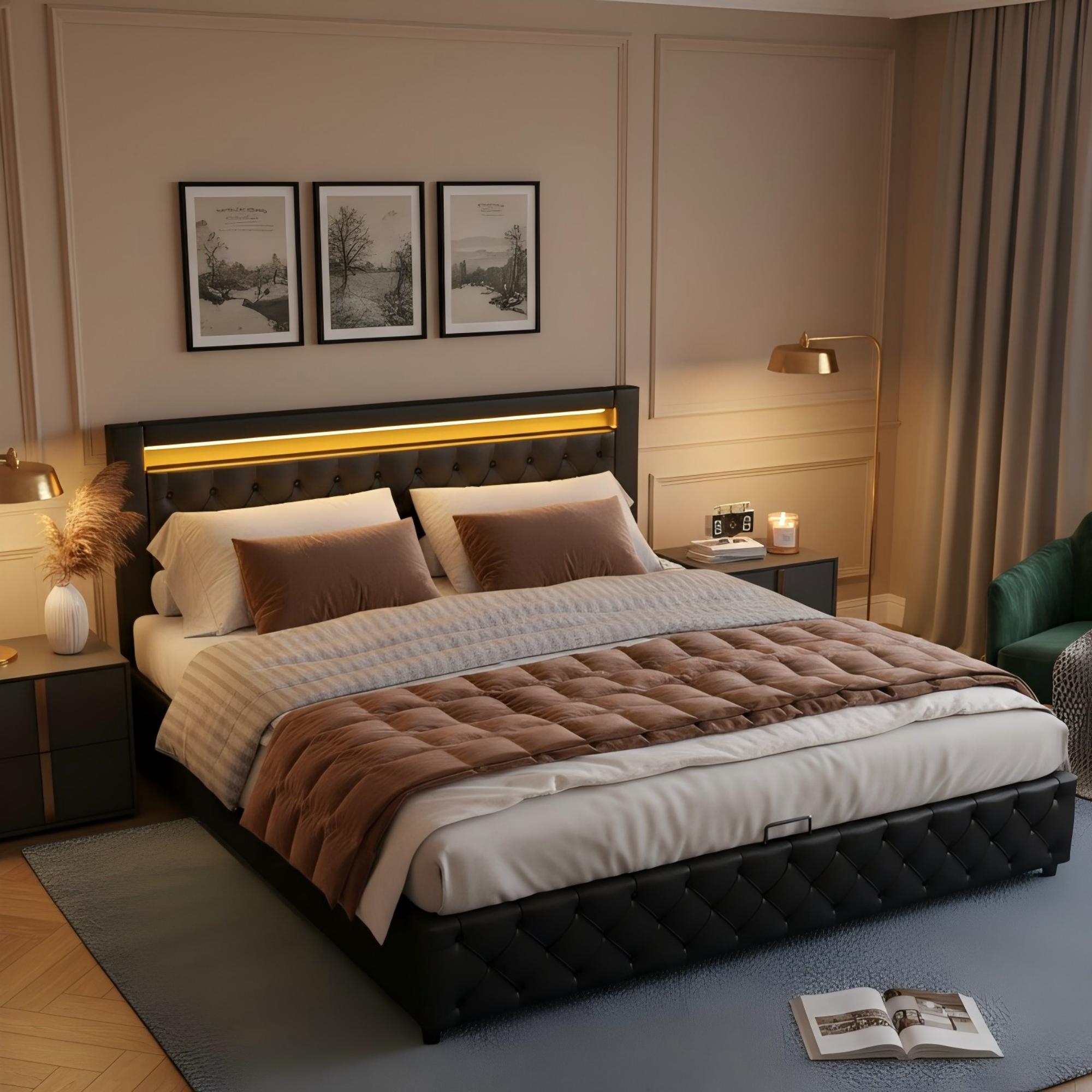 Upholstered Bed 140x190cm Hydraulic Storage Slatted Base LED Light Black PU