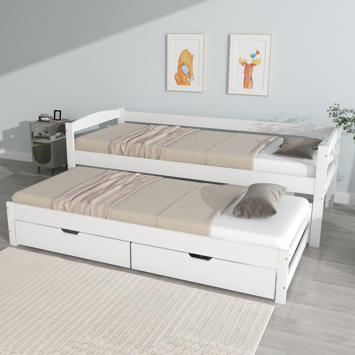 Daybed 90x200cm with Trundle & 2 Drawers, White Solid Wood