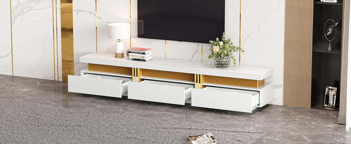 Lowboard TV Cabinet Modern 200cm 3 Drawers Cable Management - Marble Look