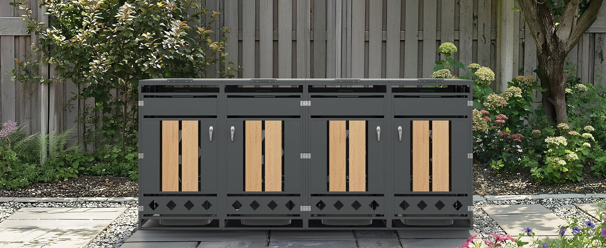 Bin Storage Unit with Hinged Lid, Lockable and 4 Doors, Wood Grain