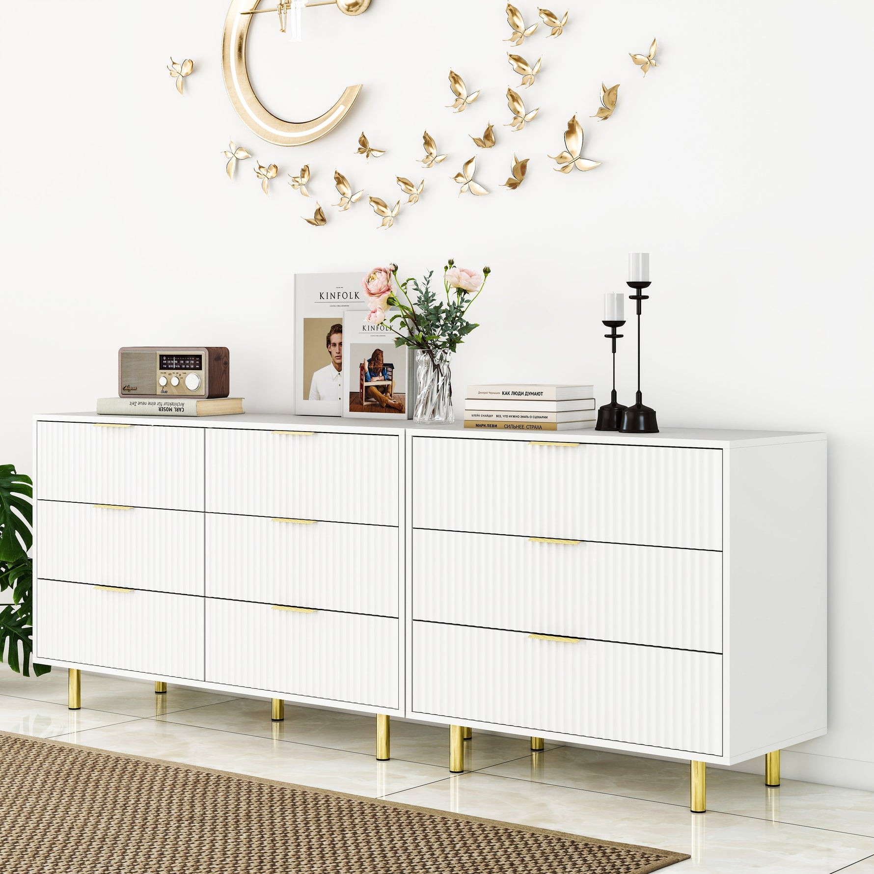 Modular Drawer Unit with 9 Drawers and Modern Sideboard Set, White and Gold