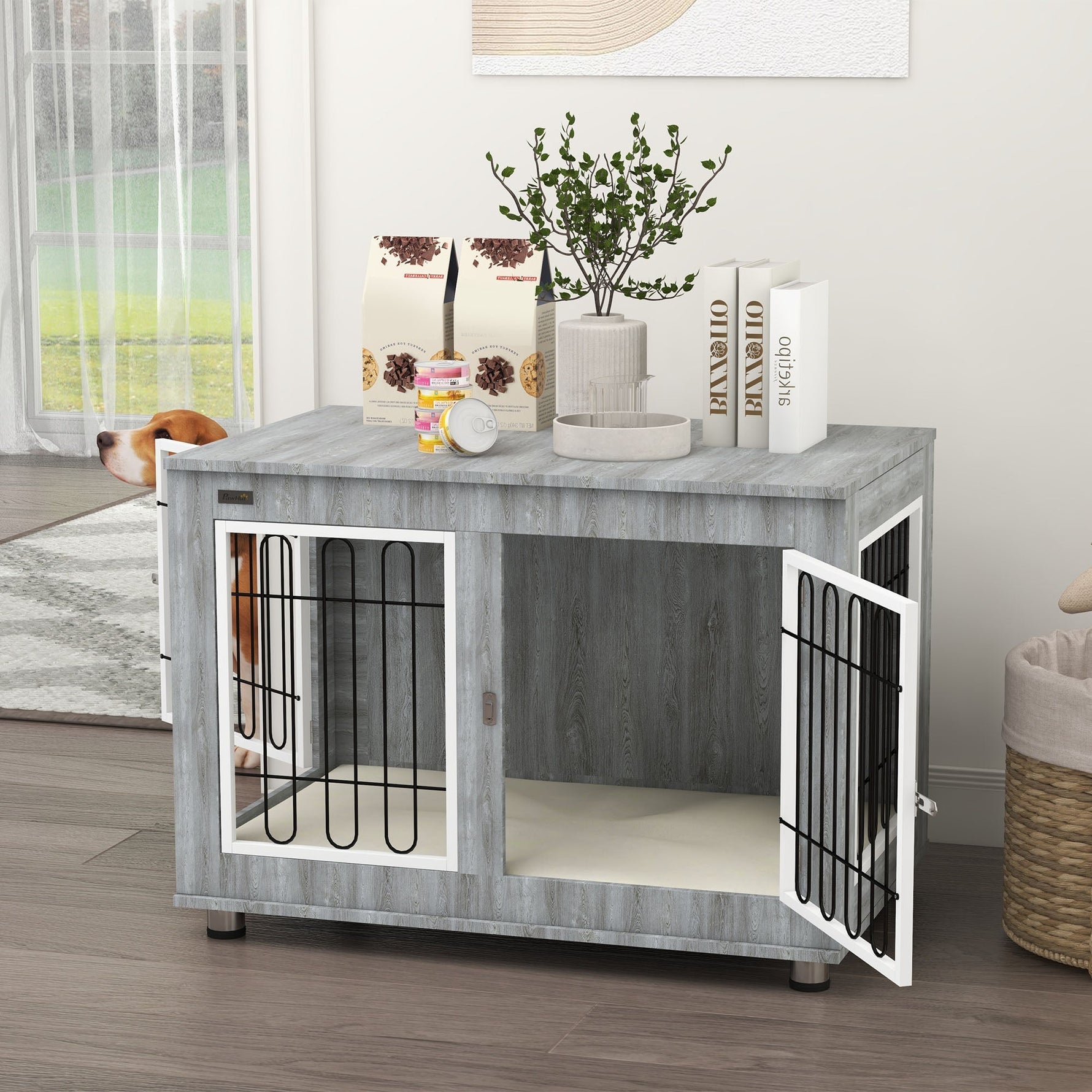 Dog Cage, Pet Crate with Cushion, 2 Locks, Grey