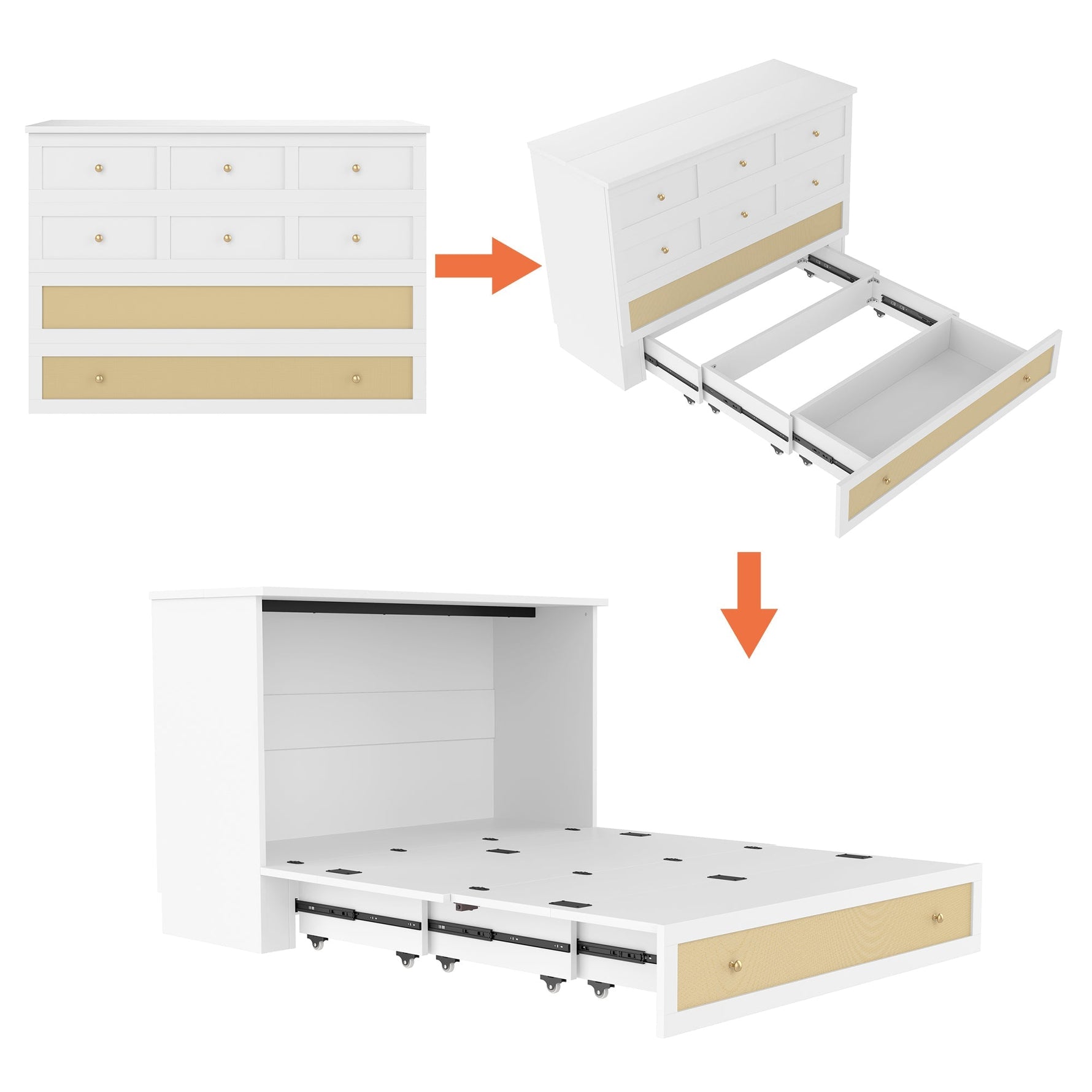 Mobile Wall Bed 140x200 Convertible Storage Drawers Shelf USB/Power Outlet - White