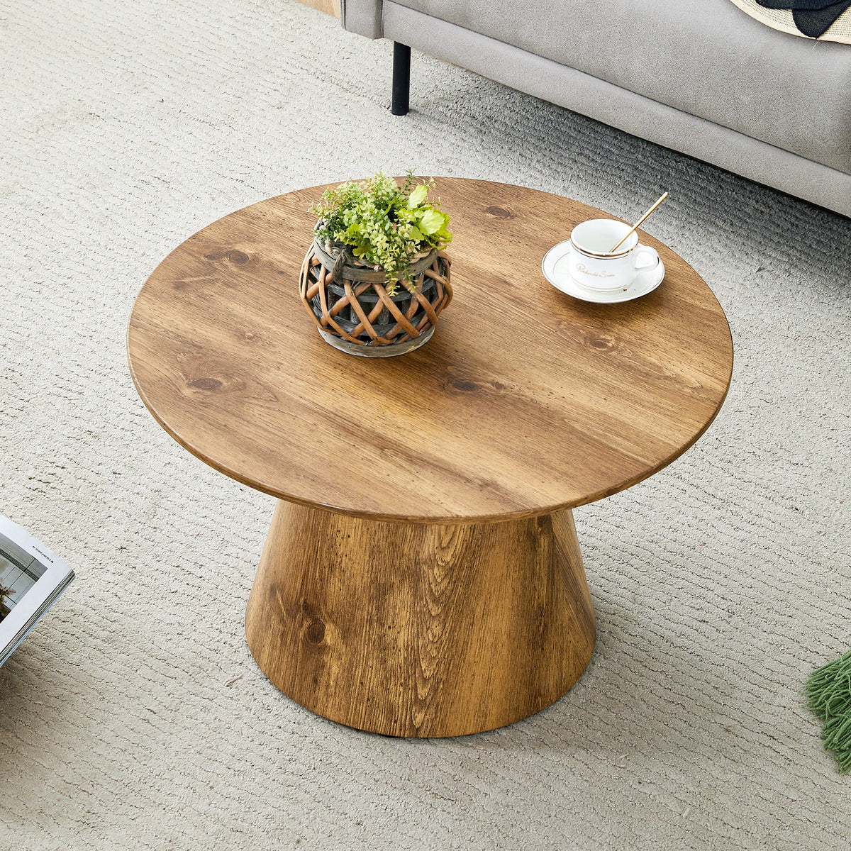 Set of 2 Round Coffee Tables, High and Low Nesting Stool Side Tables, Natural Wood Look MDF