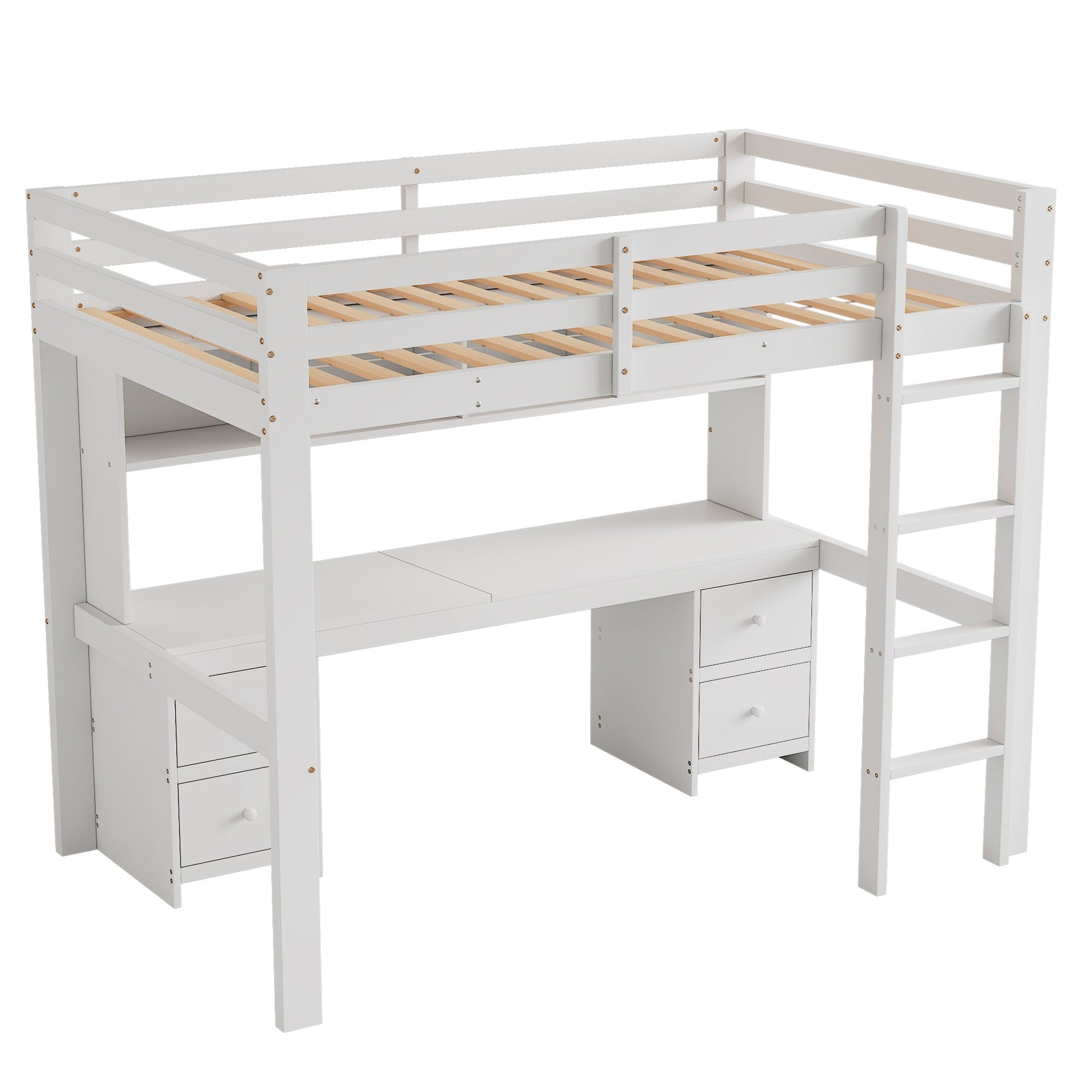 Loft Bed for Children with Desk and Storage, 90x200cm, White Pine Wood