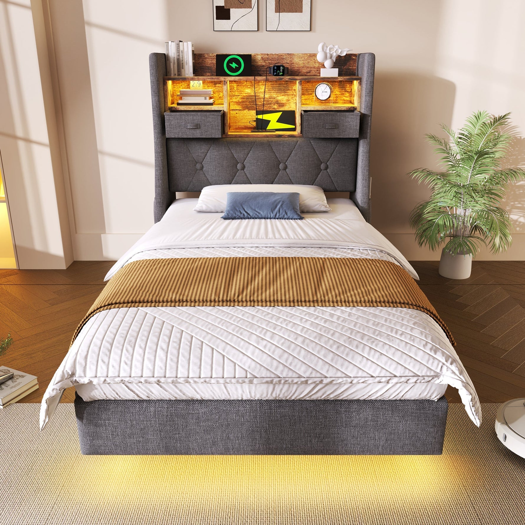 Upholstered Floating Bed 90x200cm LED/USB Charging Storage Headboard, Linen Grey