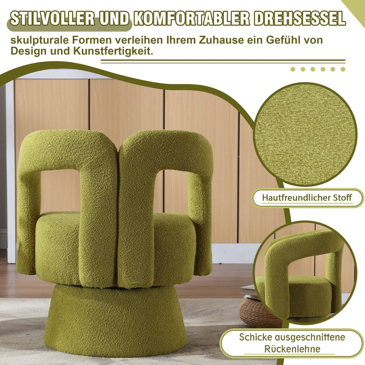 Snuggle Barrel Accent Chair, 360 Degree Rotating Round Armchair with Wide Cushions, Fluffy Fabric, Olive