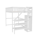 Loft Bed, 140x200 with Stairs, Storage, Wardrobe, White Wood