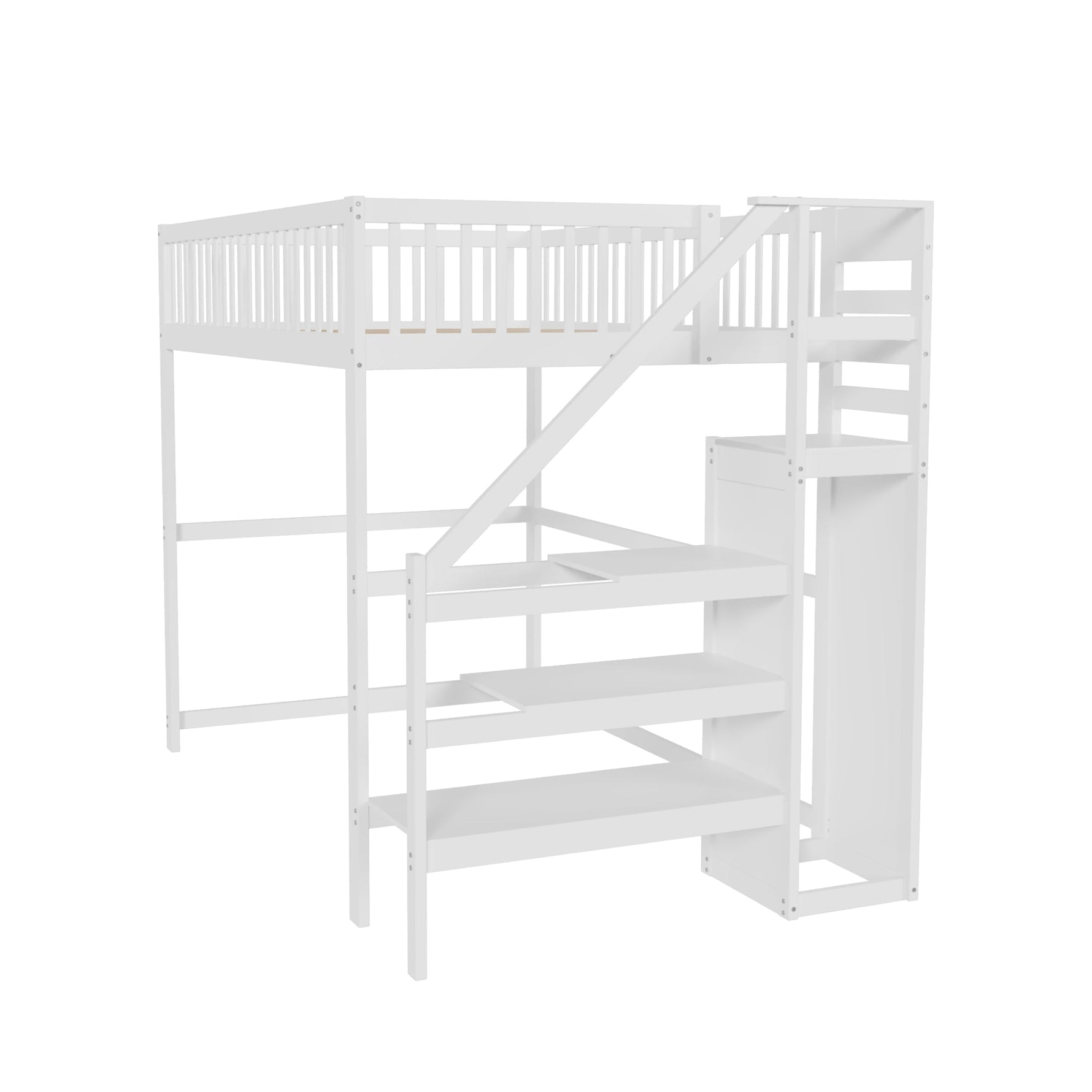 Loft Bed, 140x200 with Stairs, Storage, Wardrobe, White Wood