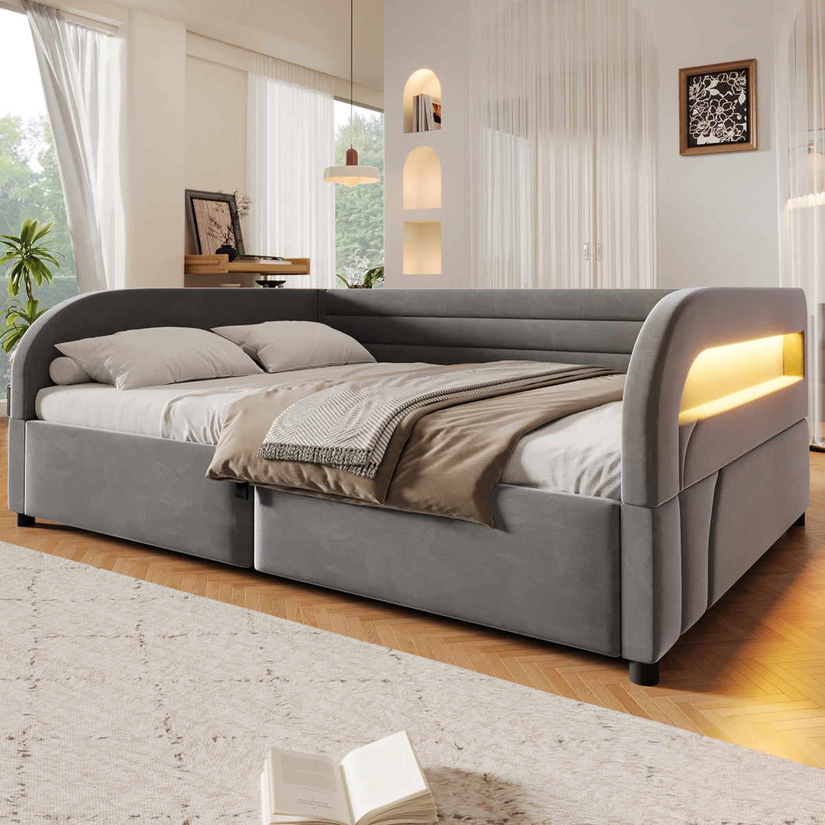 Upholstered Platform Bed 140x200 with Hydraulic Storage & LED, Grey