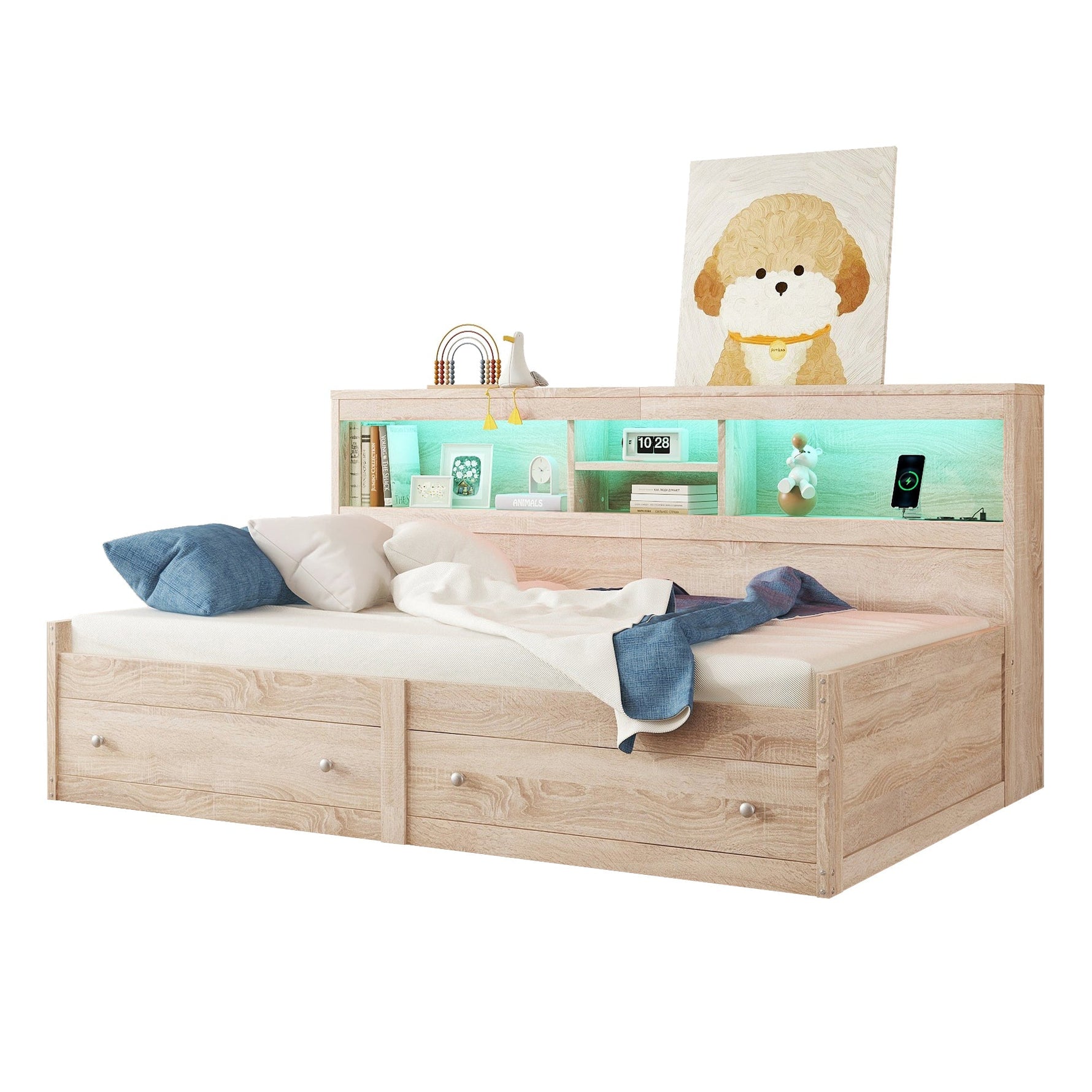 Daybed Sofa Bed 90x200cm Nightstand USB Charging Ambient Lighting 2 Drawers Chipboard Natural