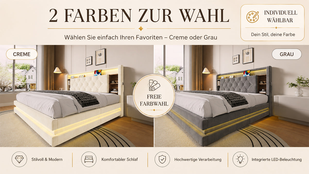 Upholstered Storage Bed 160x200cm with LED & USB, Beige Velvet
