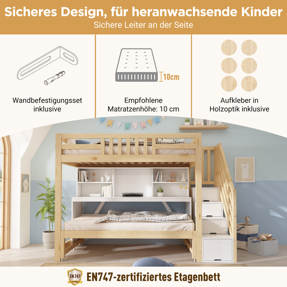 Children's Bunk Bed with Desk & Trundle, White & Oak Wood