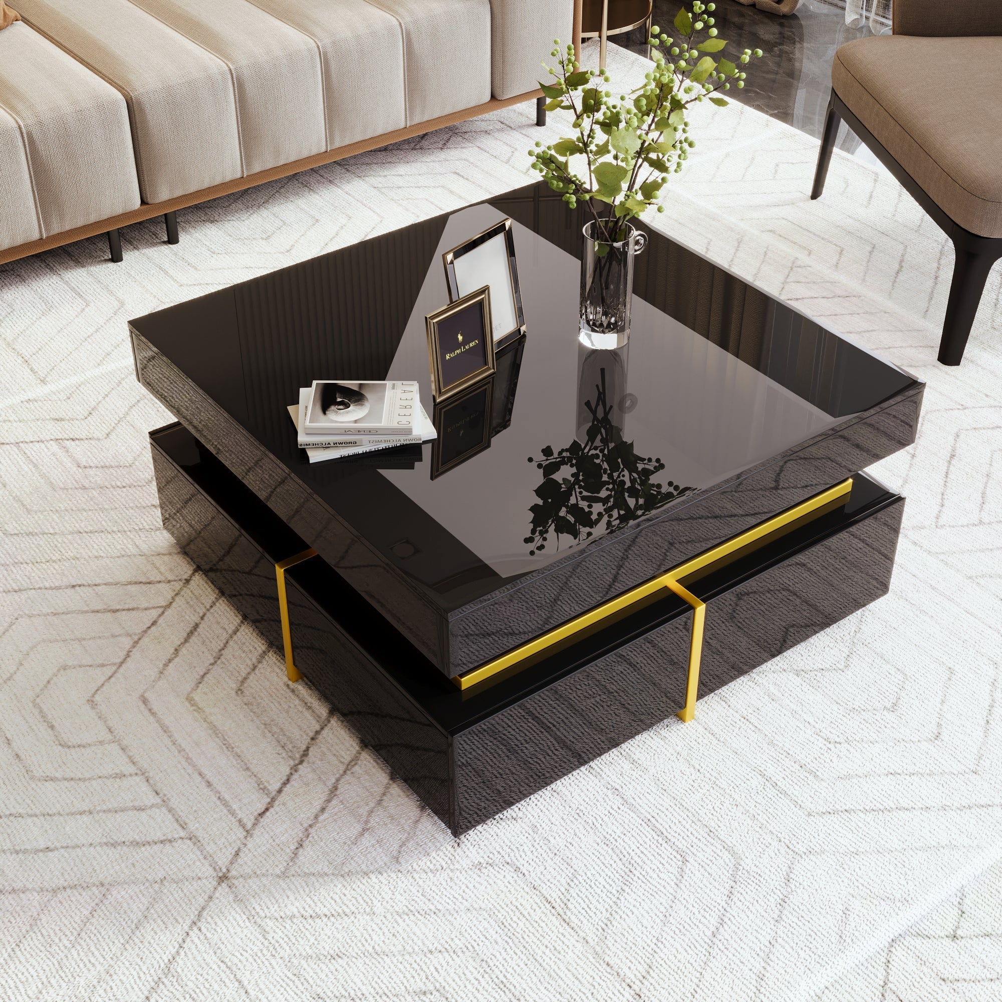 Coffee Table with Drawers, High-Gloss, Gold Accents