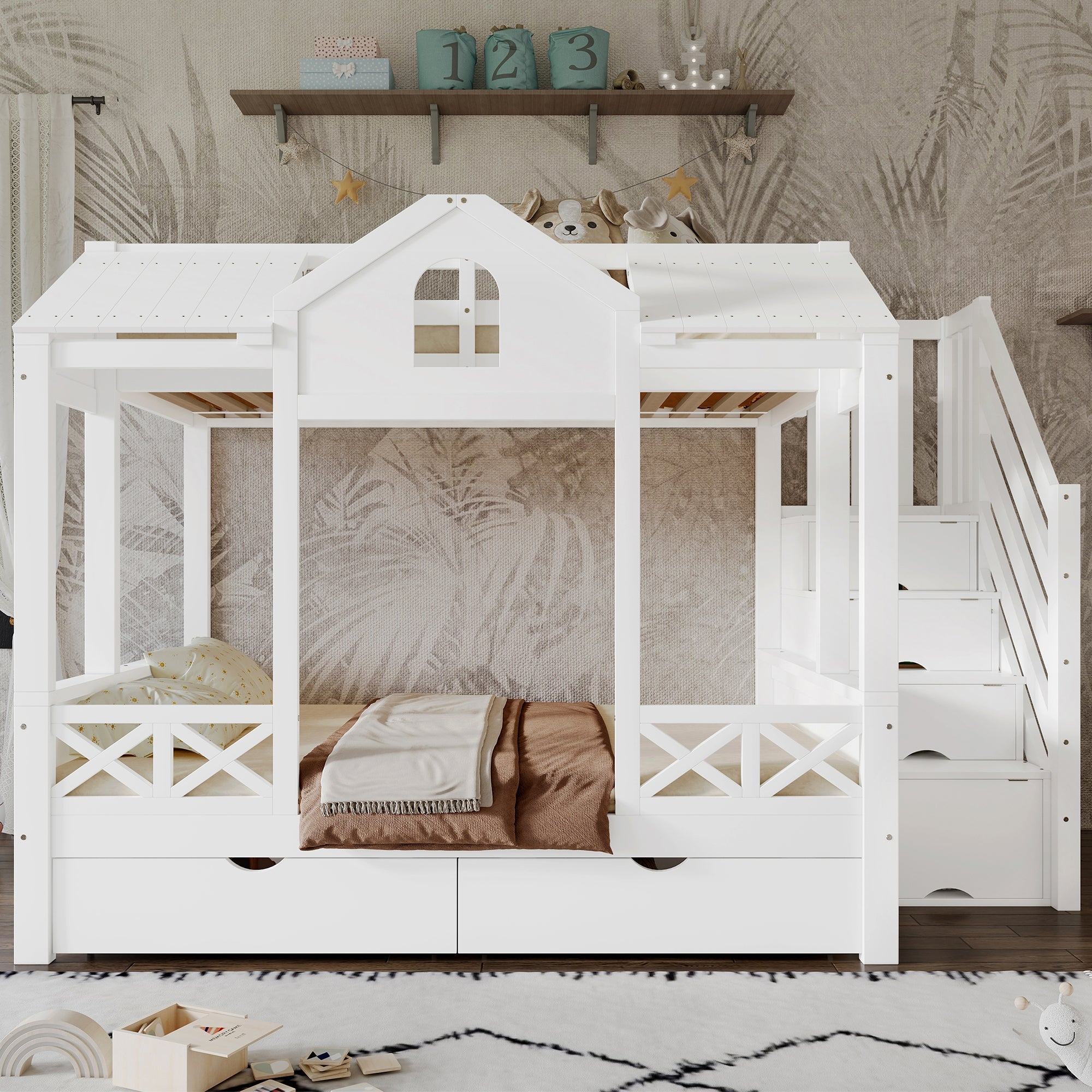 Bunk Bed with Windows Roof Stair Storage Drawers 90/140x200cm White Pine