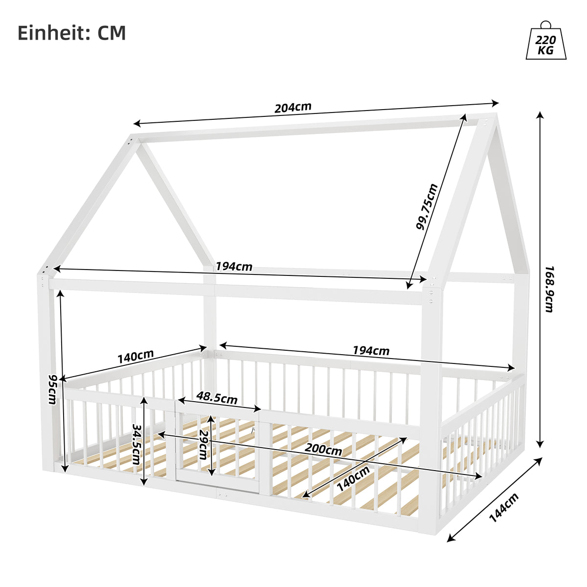 Flatbed Metal Bed 140x200cm with House Trim & Railing - White