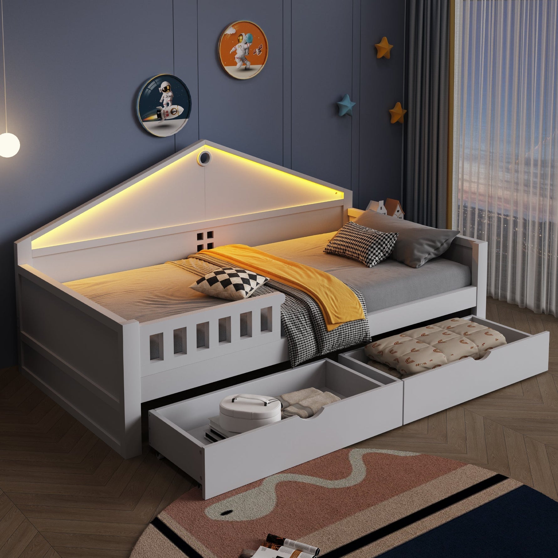 Children's Bed 90x200 cm with LED Light Strip and Storage Drawers, White