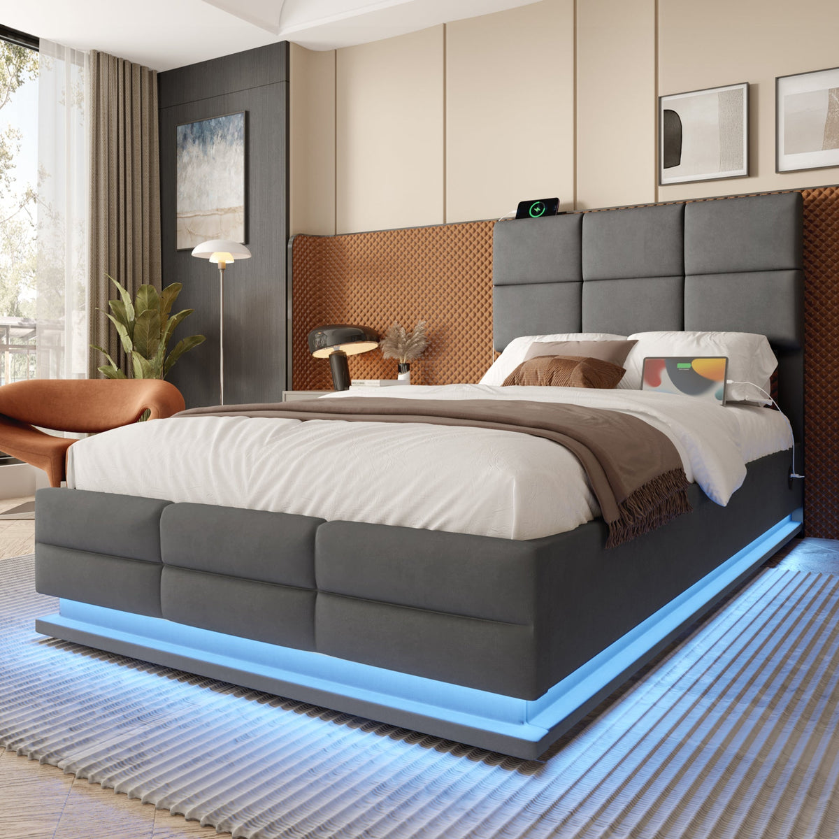Modern Upholstered Bed 90x200cm, Adjustable Headboard, USB/LED, Hydraulic Storage - Gray Velour