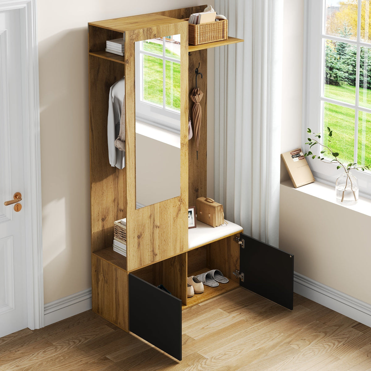 Wardrobe Set with 5 Hooks, Mirror, Shoe Cabinet, Hidden Hanging Area, Hall Bench
