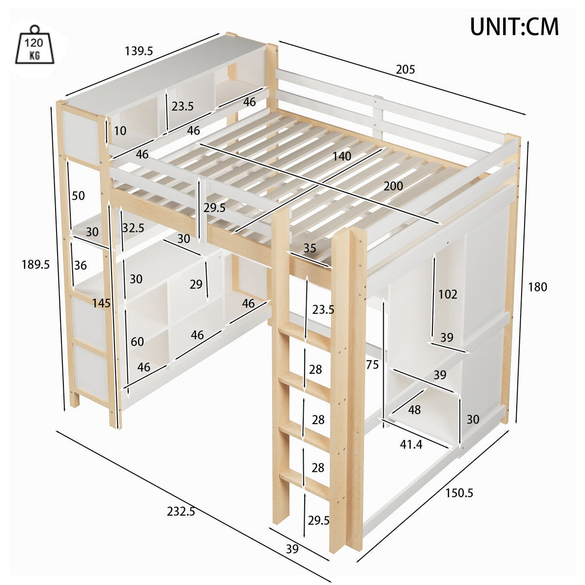Loft Bed 140x200cm with Storage, Desk & Wardrobe, Natural
