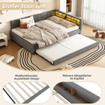 Daybed 140x200cm with Pull-out Bed, Storage, USB and LED, Grey Linen