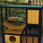 Cat House with Hanging Bridge & Balcony, Waterproof, Yellow Wood